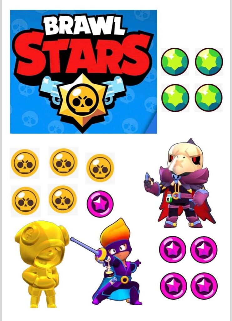 Tortenaufleger mit Brawl Stars-Motiv und Deko-Elementen