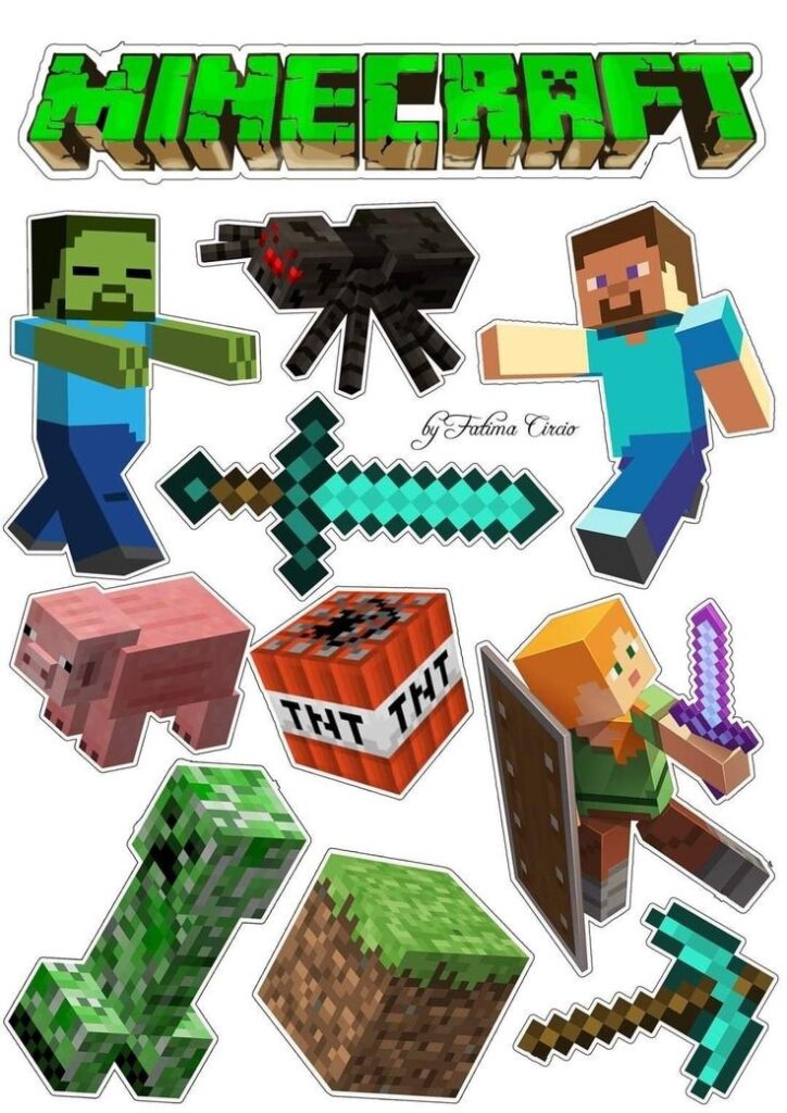 Tortenaufleger Minecraft-Motiv mit Figuren und Symbolen