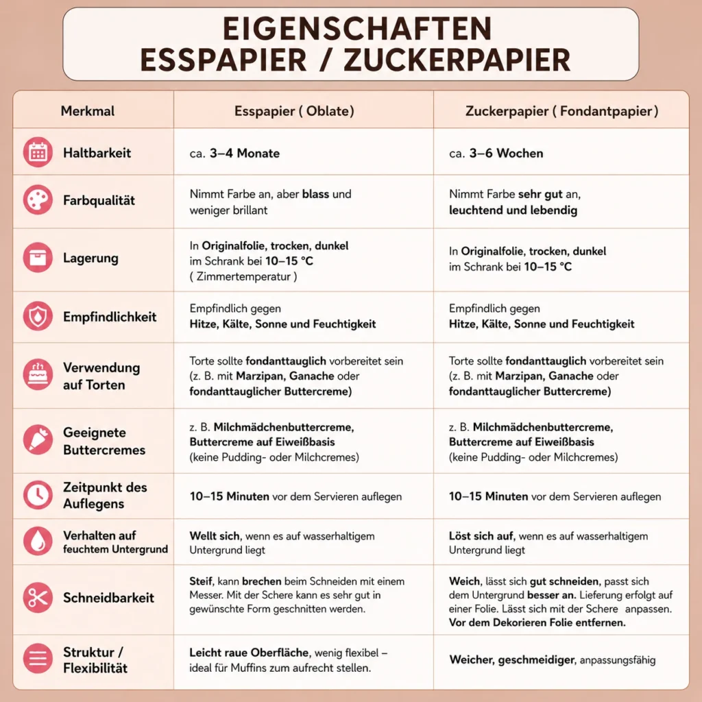 Vergleichstabelle zu Esspapier und Zuckerpapier für Tortenaufleger