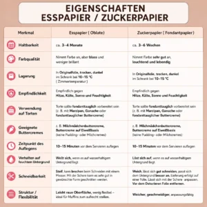 Vergleichstabelle zu Esspapier und Zuckerpapier für Tortenaufleger