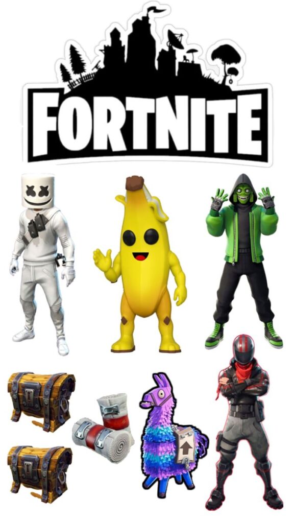 Fortnite-Tortenaufleger mit mehreren Charakteren und Logo