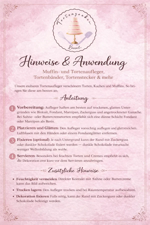 Hinweise zum Tortenaufleger mit Anwendungstext