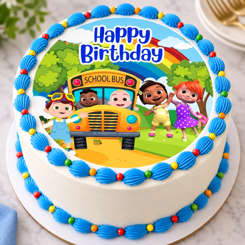 Runder Tortenaufleger mit Happy-Birthday-, Schulbus- und Kinder-Motiv