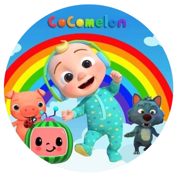 Runder Tortenaufleger mit CoComelon-Motiv und Regenbogen-Prähintergrund