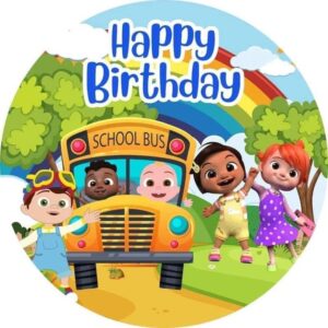 Runder Tortenaufleger mit Schulbus- und Kinder-Motiv, „Happy Birthday“