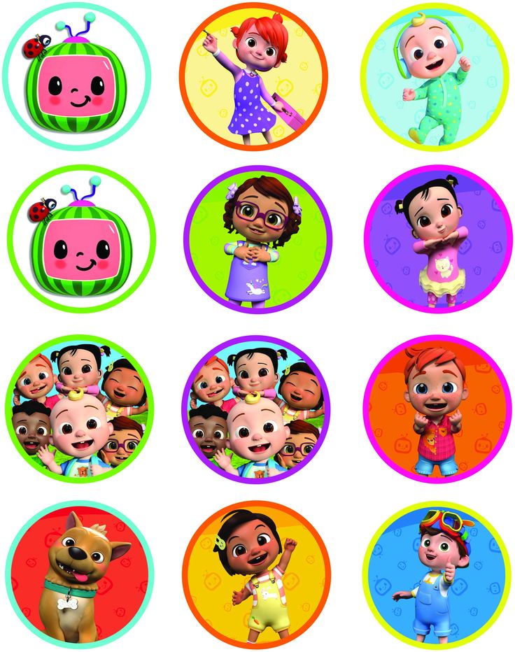 Runde Tortenaufleger mit bunten Kinder- und Cartoonfiguren, verschiedene Motive
