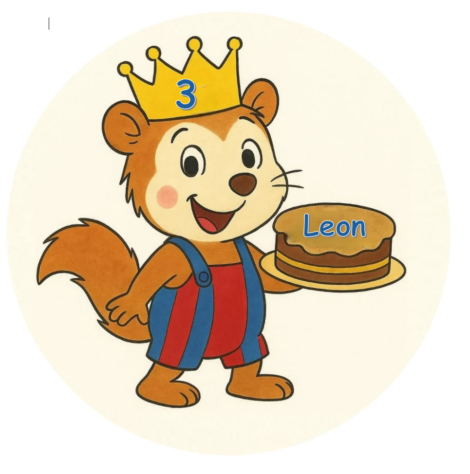 Runder Tortenaufleger mit Eichhörnchen-Motiv, Krone, Zahl 3 und Name Leon