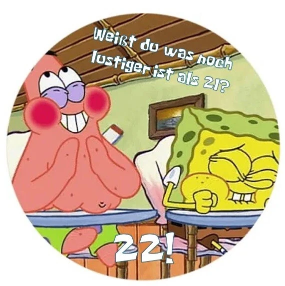 Runder Tortenaufleger mit SpongeBob- und Patrick-Motiv, Aufschrift „Weißt du, was noch lustiger ist als 27? 27!“